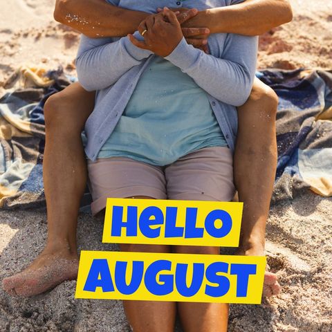 Couple Relaxing on Beach with 'Hello August' Text Overlay