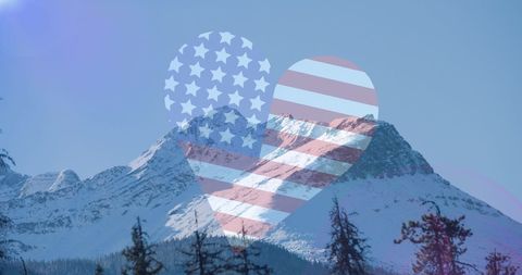 American Flag in Heart Shape Over Scenic Mountain Landscape