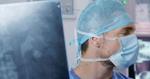 Surgeon studying spinal x-ray with circular radiology overlay, wearing cap and mask