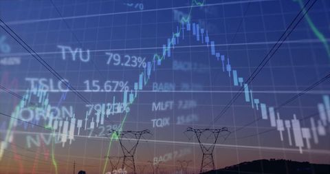 Energy and Finance Analysis at Dusk with Overlaid Data Visualization