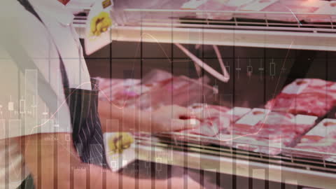 Hands Selecting Cuts of Meat in Butcher Shop with Data Overlay