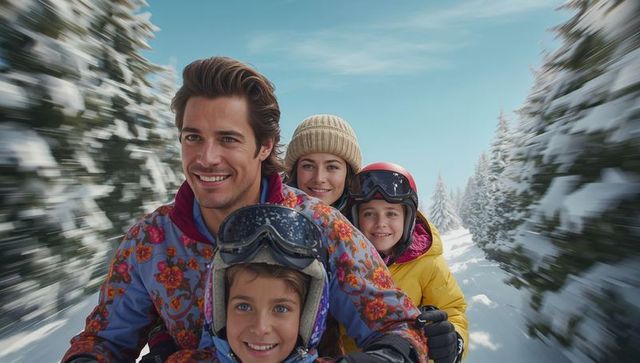 Happy family sledding together in snowy forest adventure