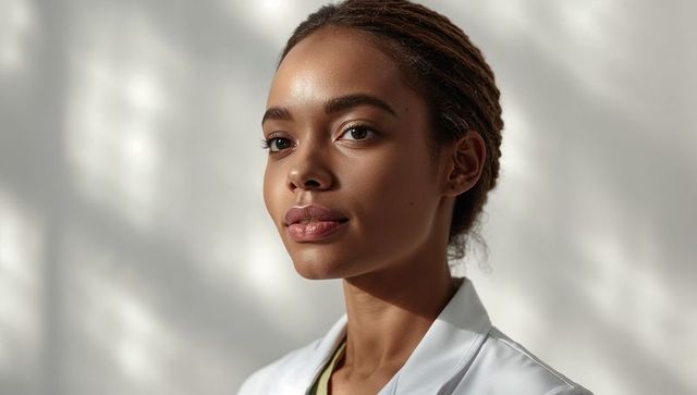Confident female medical professional portrait portraying focus with soft dappled light