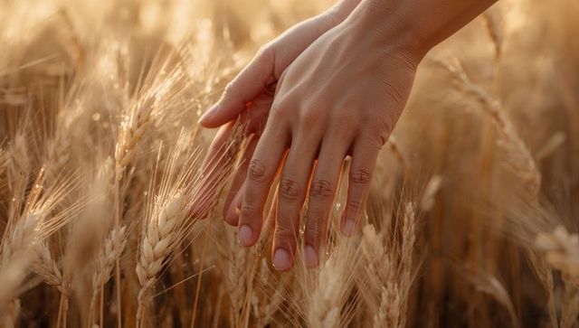 Touching Golden Wheat at Sunset: Hands Brushing Through Ripe Grain in Field