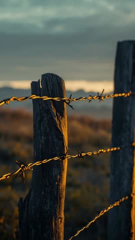 Vertical video showing golden hour warming weathered fence post and barbed wire in pasture