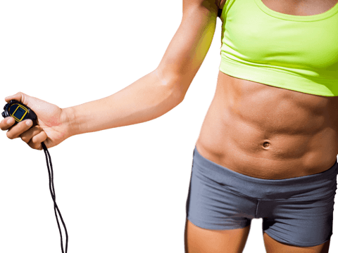 Transparent sportswoman with stopwatch on white background