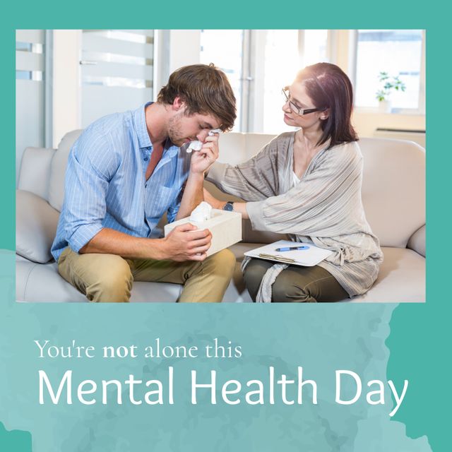 Image of mental health day and caucasian female psychologist and male patient. Psychology, mind and mental health care concept digitally generated image.
