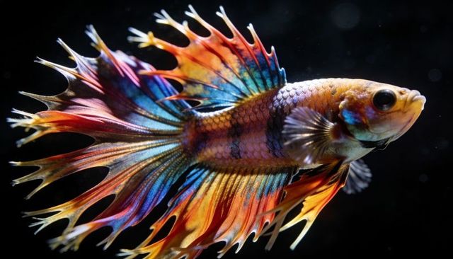 Vibrant crown-tail betta displaying iridescent rainbow fins macro closeup on black background