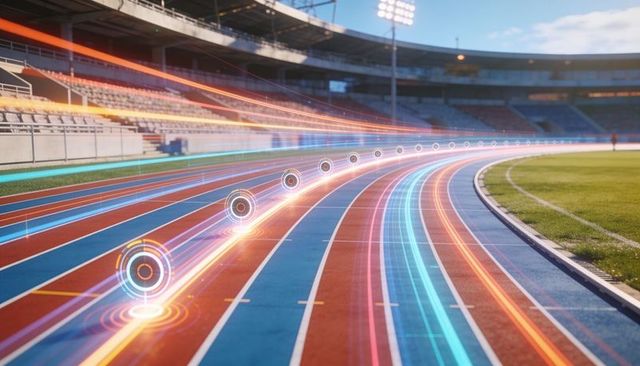 Neon motion trails on curved running track with glowing target markers in stadium