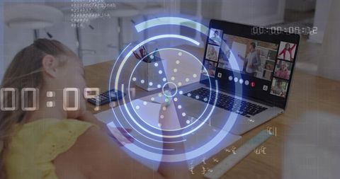 Child studying remotely at kitchen table leaning on arm viewing laptop with hud overlay