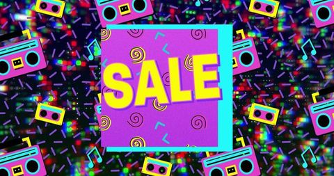 Neon 80s sale poster featuring boomboxes, cassette tapes and bold pop art typography
