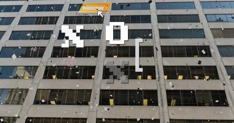 Abstract Digital Elements with Confetti over City Building