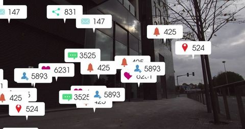 Glass office building with floating social media notification bubbles over urban plaza