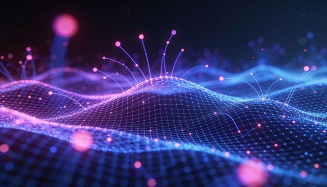 Undulating neon data mesh with glowing nodes and particle trails for futuristic tech visuals