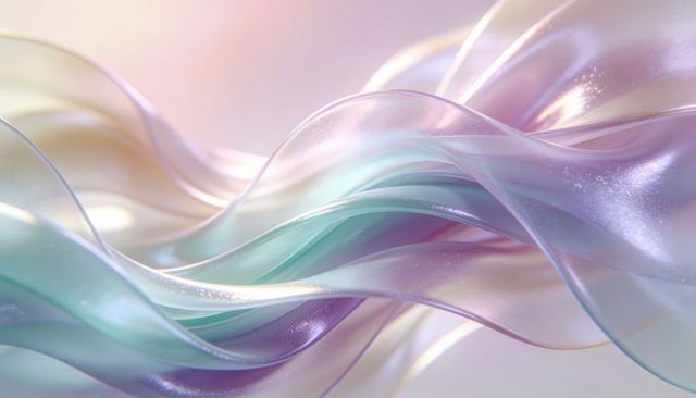 Iridescent pastel ribbons flowing in ethereal pearlescent waves with sparkling sheen
