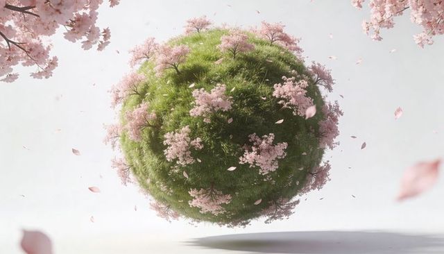 Floating grassy sphere with pink blossom trees and drifting petals, surreal spring levitating orb