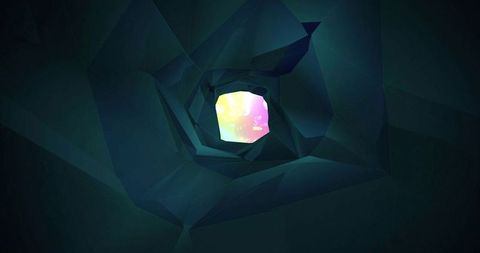 Glowing polygonal vortex tunnel with pastel light portal and faceted geometry