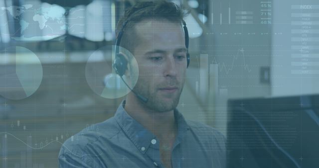 Caucasian Man Using Phone Headset with Data Visualization Overlays - Download Free Stock Images Pikwizard.com