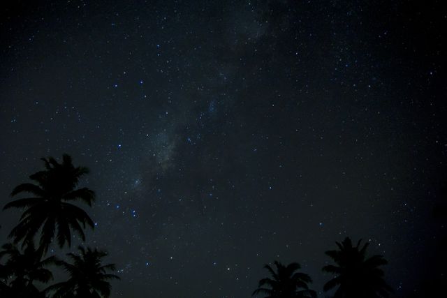 Milky Way galaxy stretches across sky with visible clusters of stars. Silhouetted palm trees add tropical ambiance. Ideal for themes of nature, astronomy, stargazing, relaxation. Perfect for backgrounds, website banners, travel promotions, wallpapers.
