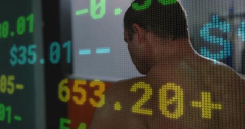 Shirtless Man with Stock Market Ticker Overlay Representing Finance and Wellness Contrast