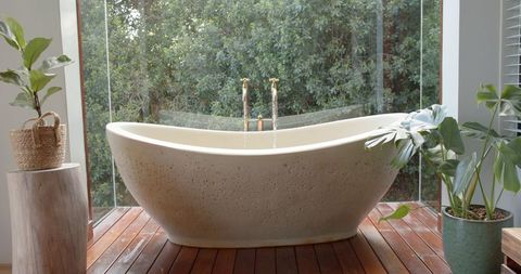 Luxurious Freestanding Bathtub with Nature View from Window - Download Free Stock Images Pikwizard.com