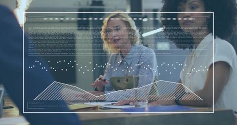 Blonde leader presenting analytics to diverse team with dynamic data visualization overlay