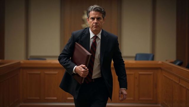 Confident lawyer walking through courtroom holding leather briefcase and legal portfolio