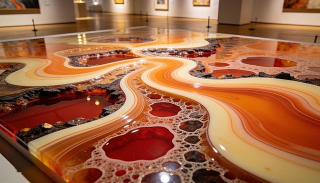 Amber and ruby resin rivers over dark rock - large-scale epoxy floor installation