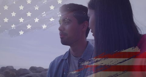 Biracial Couple Talking at Beach with USA Flag Overlay - Download Free Stock Images Pikwizard.com