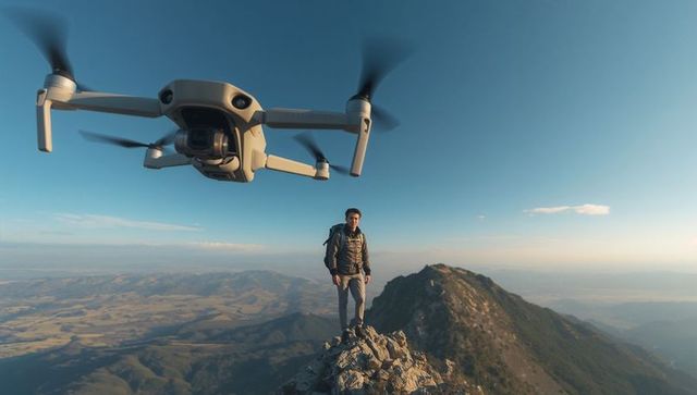 Drone capturing hiker balancing on narrow mountain ridge sunrise panorama over vast valley