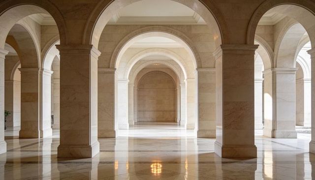 Grand marble colonnade with symmetrical rounded arches and polished floor reflections