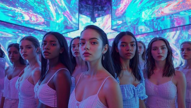 Women Standing Amidst Vibrant Neon Display in Digital Gallery