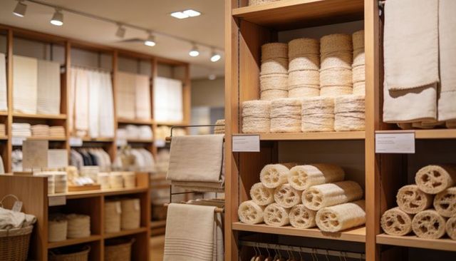 Showcasing minimalist bathroom linen display with neutral loofah sponges and towels on wooden shelvi