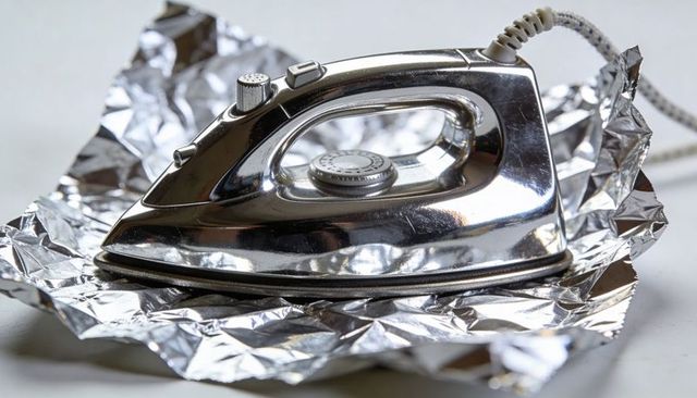 Shiny chrome electric iron reflecting crumpled aluminum foil on white tabletop
