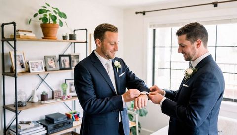 Groom and groomsman adjusting watch and cufflink in navy suits with boutonnieres