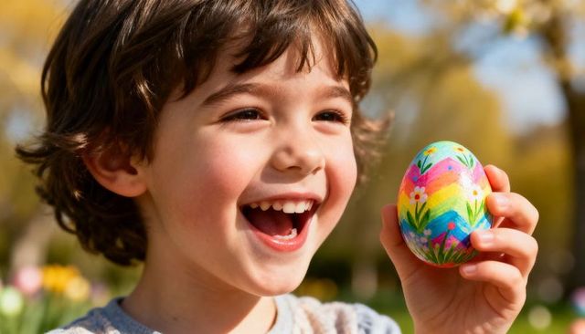 Laughing child holding colorful hand-painted easter egg in sunlit spring garden smiling