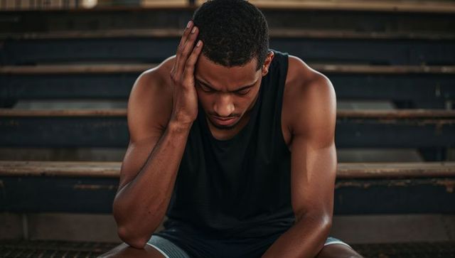 Pensive athlete sitting on worn stadium bleachers holding head after intense training