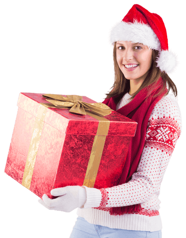 Festive woman in santa hat holding wrapped present transparent background