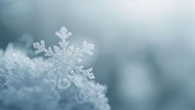Macro snowflake resting on frosty snow crystals with soft blue bokeh winter background