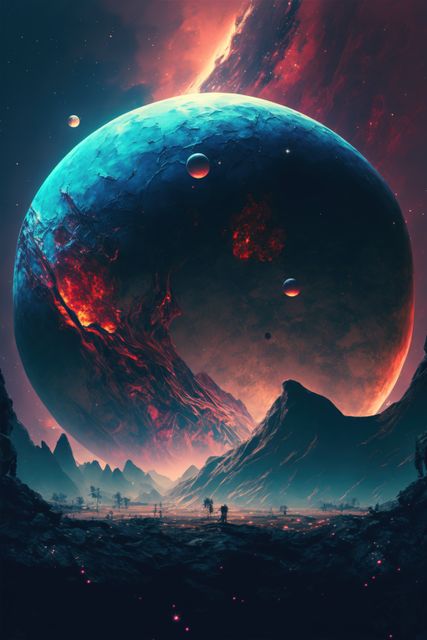 Captivating scene depicting an alien planet with vibrant volcanic landscapes, glowing craters, and moons orbiting in a starry outer space. Suitable for use in sci-fi artwork, fantasy storytelling, book covers, posters, and digital games design emphasizing exploration and cosmic environments.