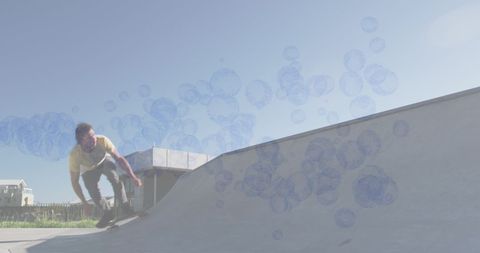 Bubbles Overlay Caucasian Man Skateboarding in Outdoor Skate Park - Download Free Stock Images Pikwizard.com