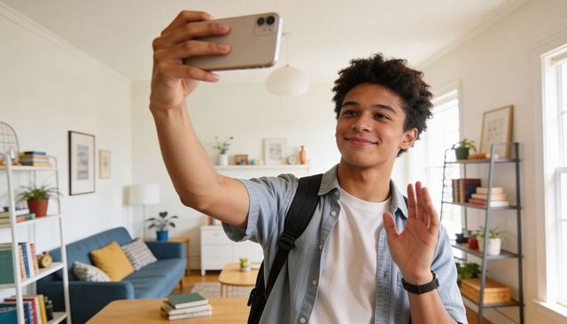 Smiling male student taking selfie and waving in bright apartment with backpack and books