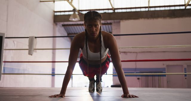 Portrait of biracial female boxer with braids doing press ups, training in boxing ring, copy space. Training, boxing, sport, strength and competition, unaltered.