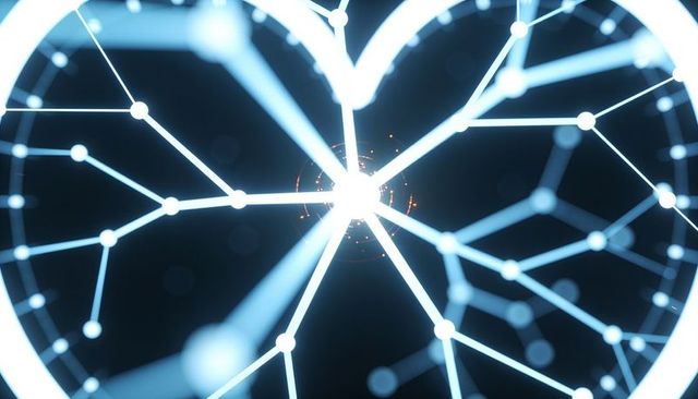 Radiating neon network hub connecting nodes in futuristic digital grid