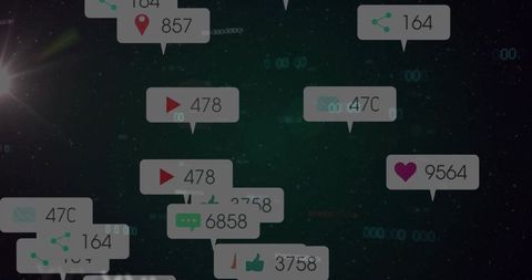 Floating social media notification bubbles drifting across neon green cosmic background