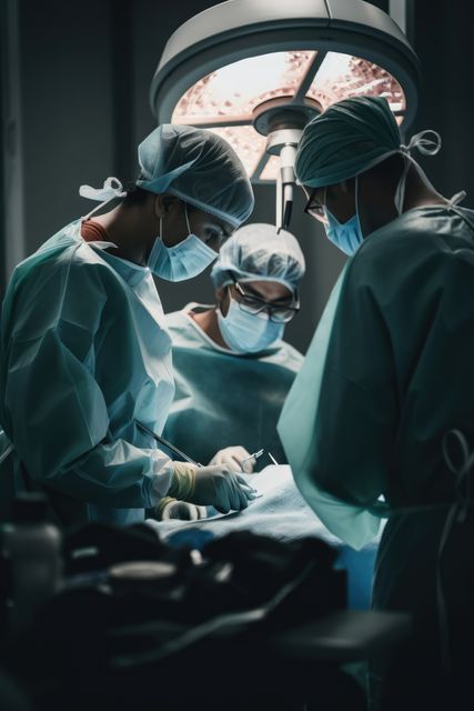 Busy diverse surgeons with face masks at surgery, created using generative ai technology. Medicine, healthcare, digitally generated image.