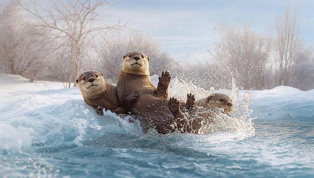 Playful river otter trio splashing at icy shoreline in winter estuary, frozen banks, dynamic splash