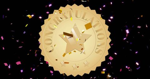 golden medal with congratulatory text surrounded by vibrant, colorful confetti descent highlighting themes of triumph and festivity. perfect for use in congratulatory messages, digital greeting cards, success announcements, and various celebratory projects enhanced by a feeling of accomplishment and joy.