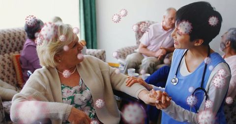 Healthcare Worker Comforting Elder in Nursing Home with Viral Overlay
