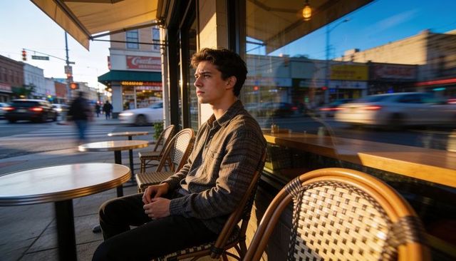 Young man sitting at sidewalk cafe gazing toward busy city street in golden hour light
